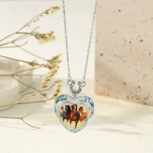 Heart with Horse Pattern Glass Pendant Necklaces