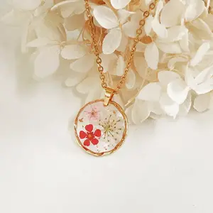Alloy & Plastic Inner Flower Flat Round Pendant Necklaces