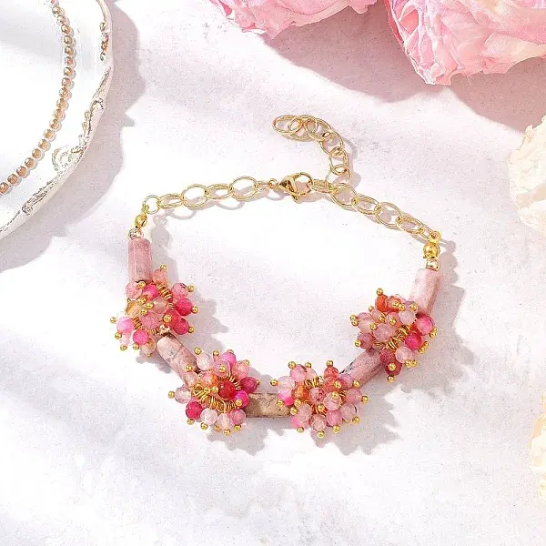 Natural Dyed Agate & Rhodonite Beads Link Bracelets