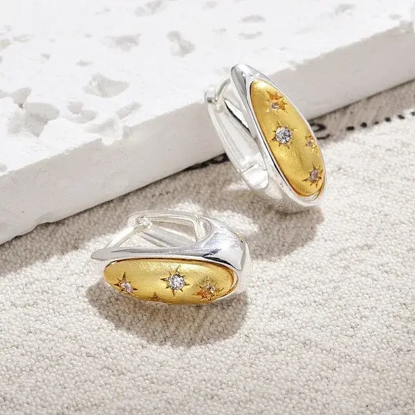 Two Tone Brass Micro Pave Clear Cubic Zirconia Hoop Earrings