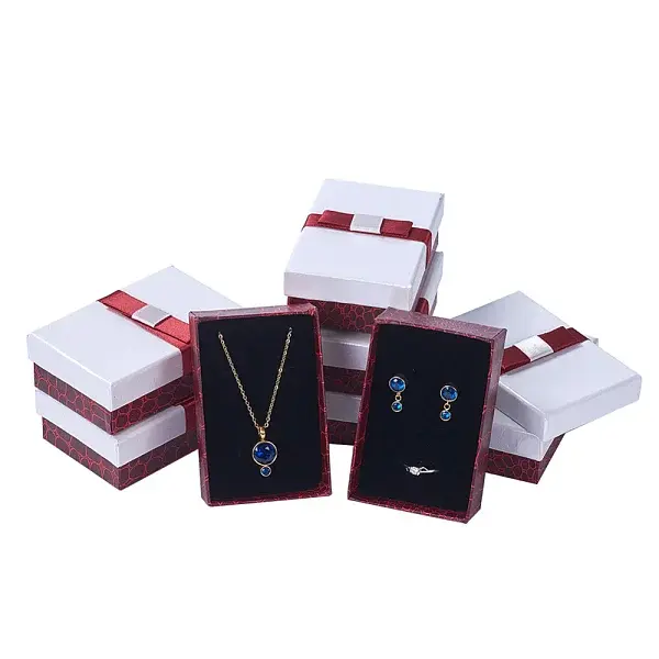 Kraft Cotton Filled Rectangle Cardboard Jewelry Set Boxes with Bowknot