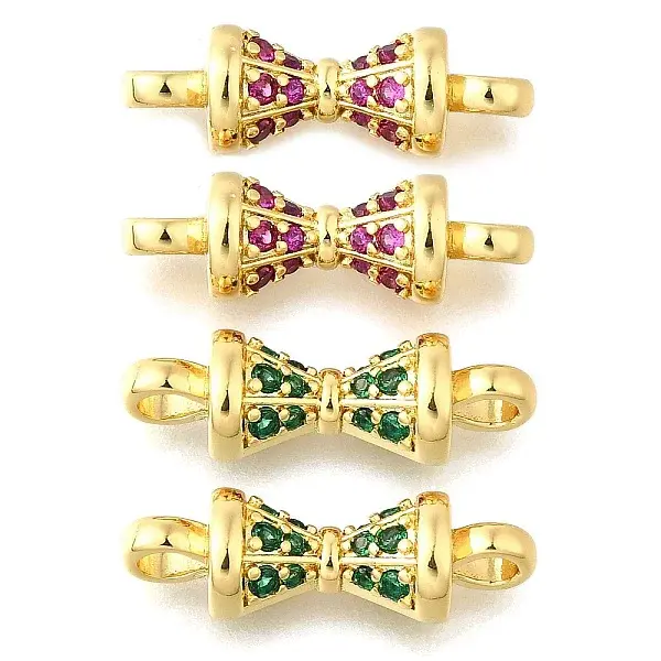 4Pcs 2 Colors Brass Micro Pave Orchid & Green Cubic Zirconia Connector Charm