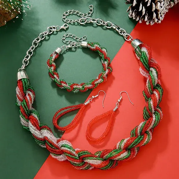 Christmas Glass Seed Beaded Multilayer Necklaces & Teardrop Dangle Earrings & Bracelets Sets
