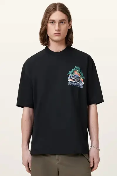 Bavlněné tričko AllSaints POUNCE pánské, šedá barva, s potiskem, M050PC