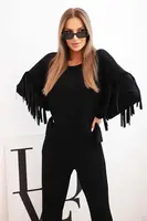 Kesi Włoski Komplet dámsky maslový s strapcami na rukávoch čierny