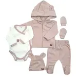 Sada do pôrodnice 5D, body, polodupačky, kabátik, čiapočka, rukavičky, béžová, veĺ. 50