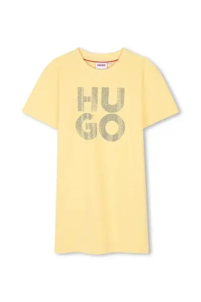 Dětské bavlněné šaty HUGO žlutá barva, mini, G00410