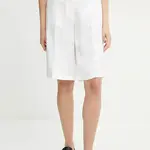 Šortky s příměsí lnu BOSS bílá barva, high waist, 50537403