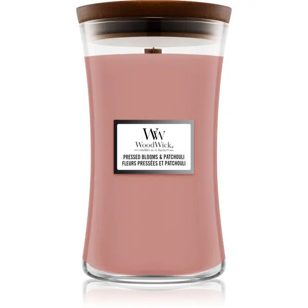 Woodwick Pressed Blooms & Patchouli vonná svíčka s dřevěným knotem 609.5 g
