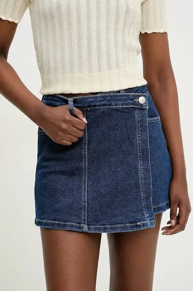 Džínová kalhotová sukně Answear.LAB tmavomodrá barva, high waist