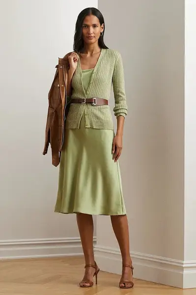 Kardigan se lněnou směsí Lauren Ralph Lauren zelená barva, 200963627