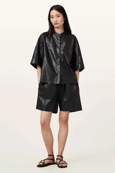 Kožené šortky AllSaints ARLA dámské, černá barva, high waist, W059TC