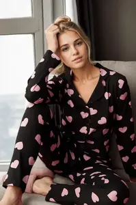 43103 Dewberry Buttoned Women Pyjama Set-BLACK