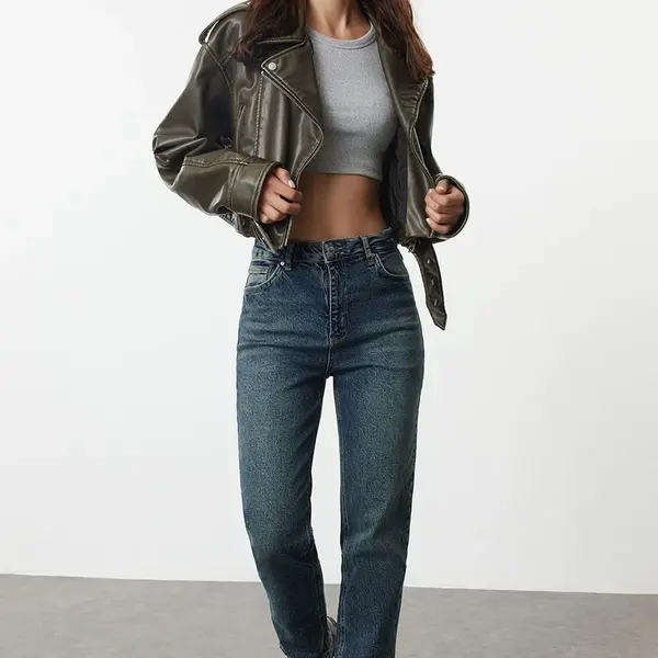 Trendyol Dark Blue High Waist Straight Jeans