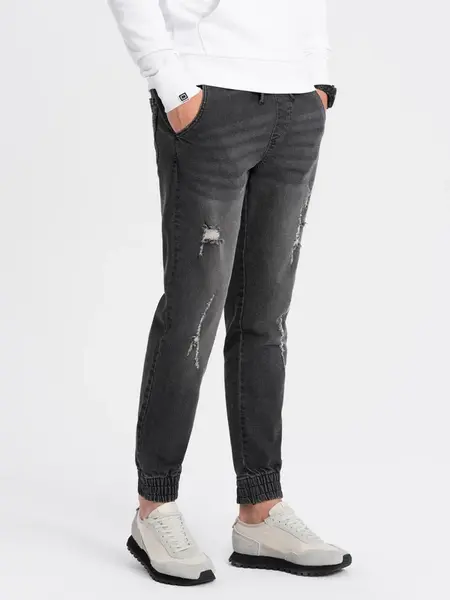 Ombre Men's JOGGER denim pants with rubbing - black