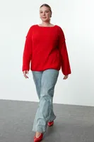 Trendyol Curve Red Boat Neck Stitching Detailed Knitwear Sweater