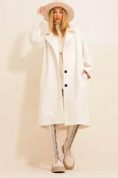 Trend Alaçatı Style Dámské Ecru Cachet Unlined Dlouhý Kabát