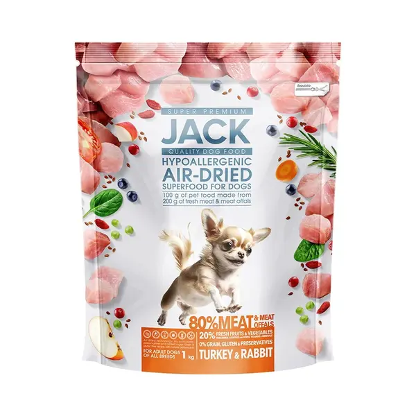 Jack AirDried suché krmivo pre psov, hypoalergénne - morčacie a králičie 1 kg