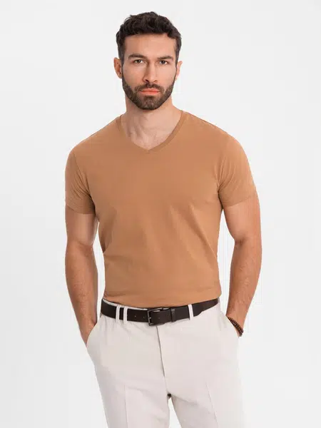 Ombre Men's BASIC classic cotton T-shirt with a v-neck - brown