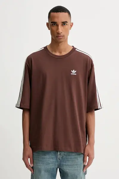 Bavlněné tričko adidas Originals Oversize Tee pánské, hnědá barva, s aplikací, KA0476