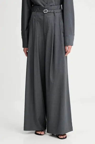 Kalhoty s příměsí vlny ISABELLE BLANCHE dámské, šedá barva, high waist, IS25FW-P036-T002