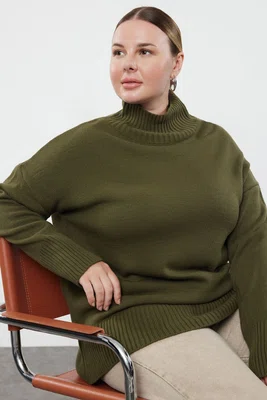Trendyol Curve Khaki Turtleneck Off Shoulder Knitwear Sweater