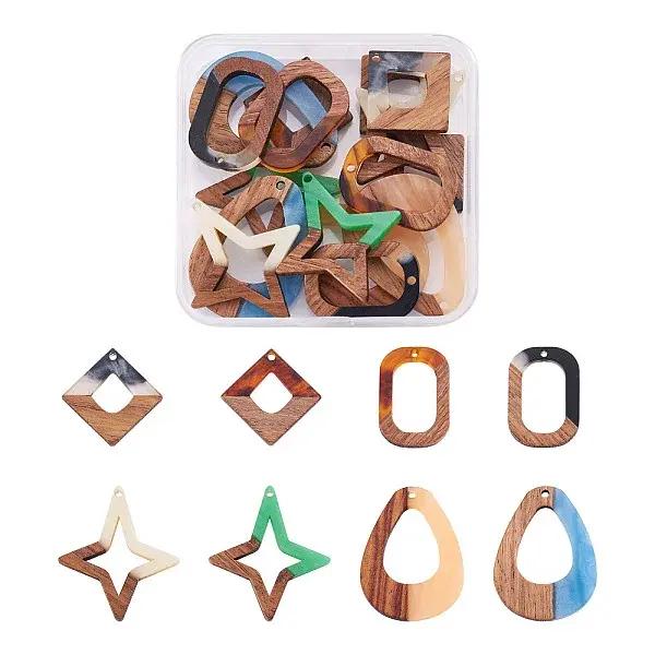 16Pcs 8 Style Opaque Resin & Walnut Wood Pendants