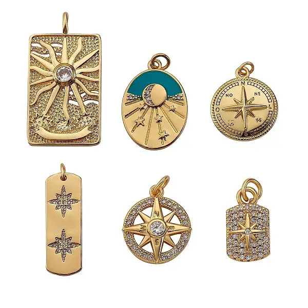 6Pcs 6 Style Brass Micro Pave Cubic Zirconia Pendants