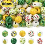 100Pcs 10 Styles Fruit Printed Wood European Beads