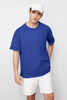 Trendyol Blue Oversize/Wide Basic Cut 100% Cotton T-Shirt