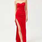 Olalook Women's Red Deep Slit Strapless Long Dress