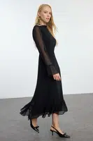 Trendyol Black Animal Patterned A-Line Stand Collar Midi Lined Chiffon Woven Winter Dress