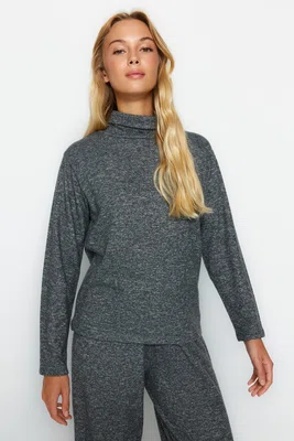 Trendyol antracitová měkká tkanina rolák široký/pohodlný střih pletená halenka