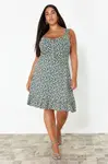 Trendyol Curve Multicolored Floral Patterned Ruffle A-Line Mini Summer Knitted Dress with Bow Collar