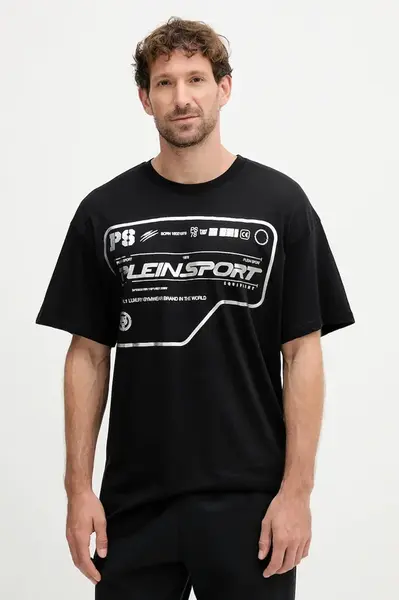 Bavlněné tričko PLEIN SPORT pánské, černá barva, s potiskem, FAEC MTK8373 STE001N