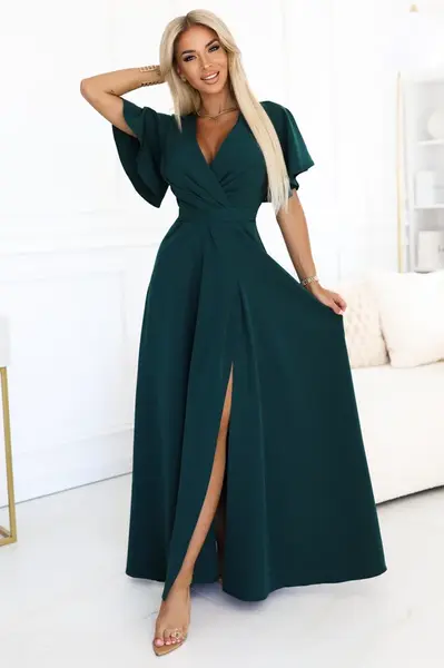 581-8 JENNIFER long dress with a leg slit, sleeves and a neckline - bottle green