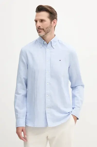 Košile s příměsí lnu Tommy Hilfiger pánská, modrá barva, regular, s límečkem button-down, MW0MW40704