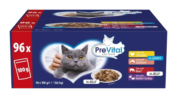 PreVital kapsičky, výber krmiva pre mačky - kuracie, lososové, hovädzie, králičie a morčacie 96 x 100 g