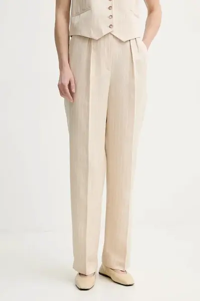 Kalhoty s příměsí lnu BA&SH PEANUT béžová barva, high waist, 1E25PEAN