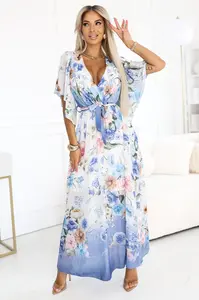 603-3 Airy wrap maxi dress with floral pattern – blue roses