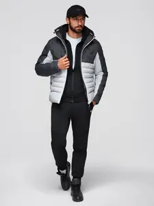 Ombre Men's quilted jacket with detachable hood - graphite and white