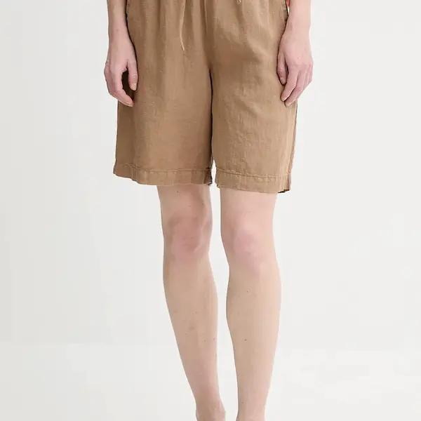 Lněné kraťasy Marc O'Polo dámské, hnědá barva, high waist, 504011215049