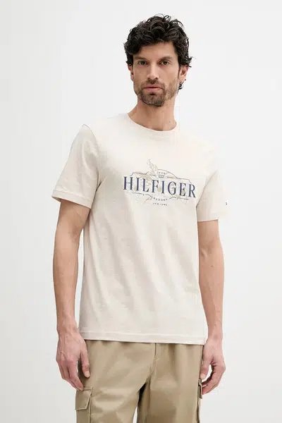 Bavlněné tričko Tommy Hilfiger pánské, béžová barva, s potiskem, MW0MW39353