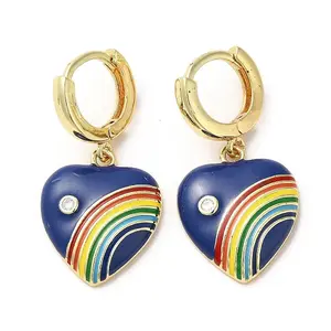 Heart with Rainbow Real 18K Gold Plated Brass Dangle Hoop Earrings
