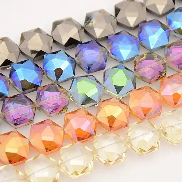 Hexagon Electroplate Full Rainbow Plated Glass Beads Strands