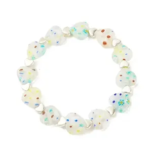 Handmade Millefiori Lampwork & Alloy Heart Beaded Stretch Bracelet