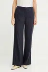 Lněné kalhoty BOSS dámské, tmavomodrá barva, jednoduché, high waist, 50540608