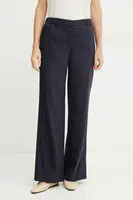 Lněné kalhoty BOSS dámské, tmavomodrá barva, jednoduché, high waist, 50540608
