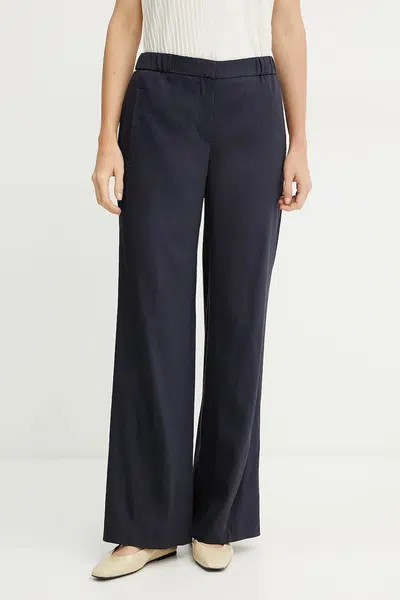 Lněné kalhoty BOSS dámské, tmavomodrá barva, jednoduché, high waist, 50540608