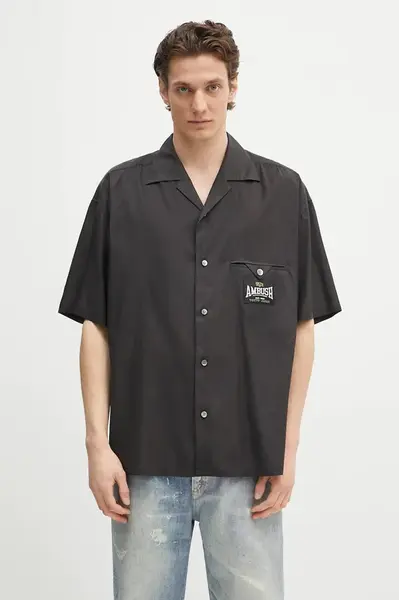 Košile AMBUSH S/S Satin Shirt pánská, černá barva, relaxed, s klasickým límcem, 12115311